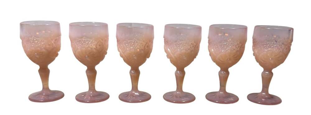 Vintage Pink Opalescent Daisy Button Cordial Goblets Set of 6 Pressed Glass